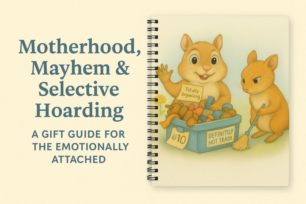 Promotional graphic for a Mother’s Day blog post featuring a spiral notebook with cartoon squirrels Clutter Nut and Prissy Paws, and the text: “Motherhood, Mayhem & Selective Hoarding – A Gift Guide for the Emotionally Attached.”